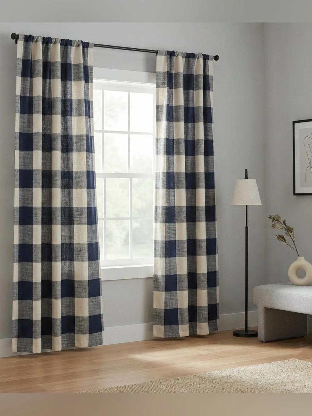 Pottery Barn Minimalist Classic Navy and Cream Buffalo Check Curtain 2 Panel